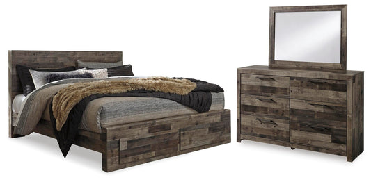 Derekson King Panel Bed with 2 Storage Drawers with Mirrored Dresser