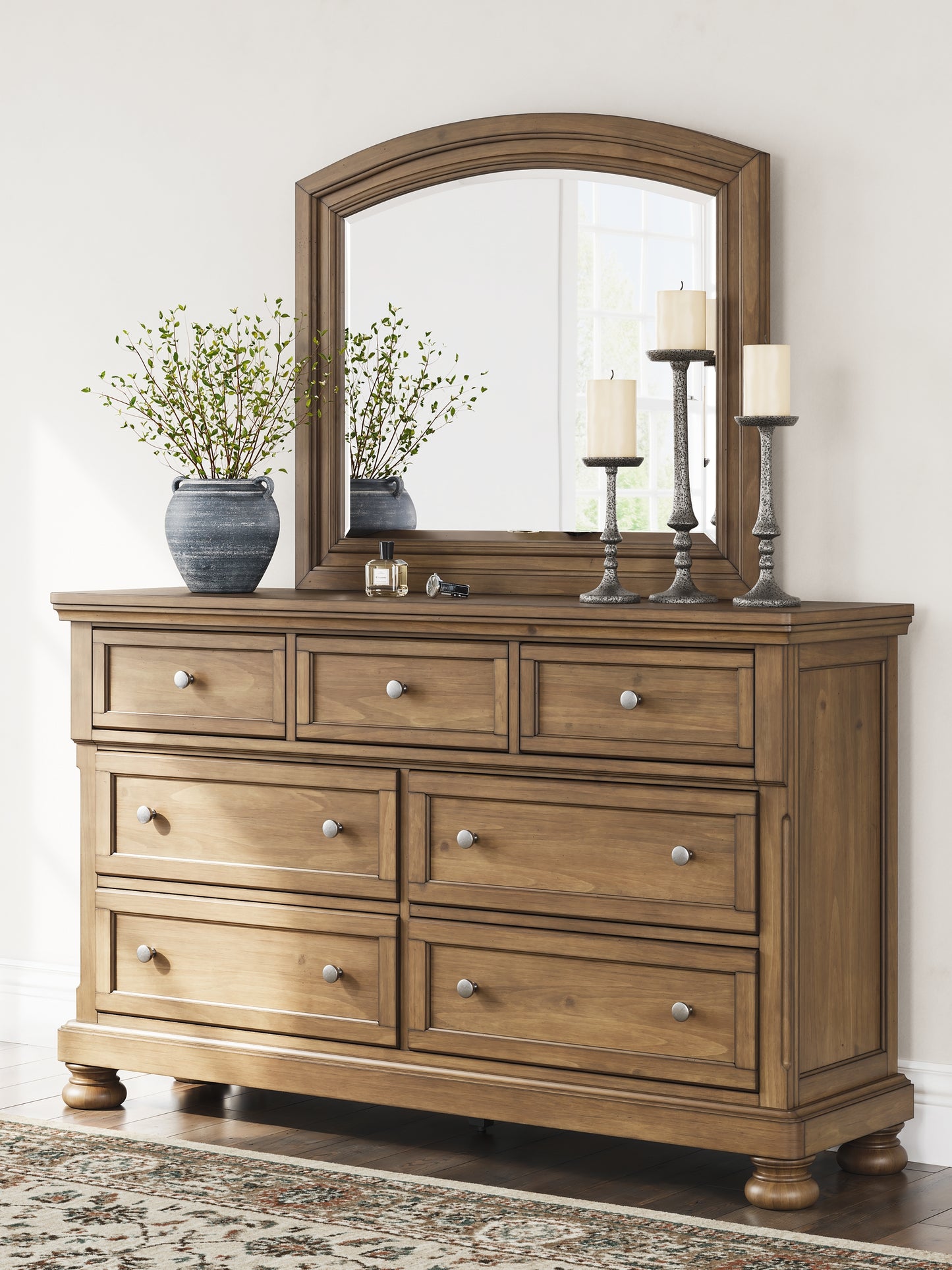 Feddinger King Panel Bed with Mirrored Dresser and Nightstand