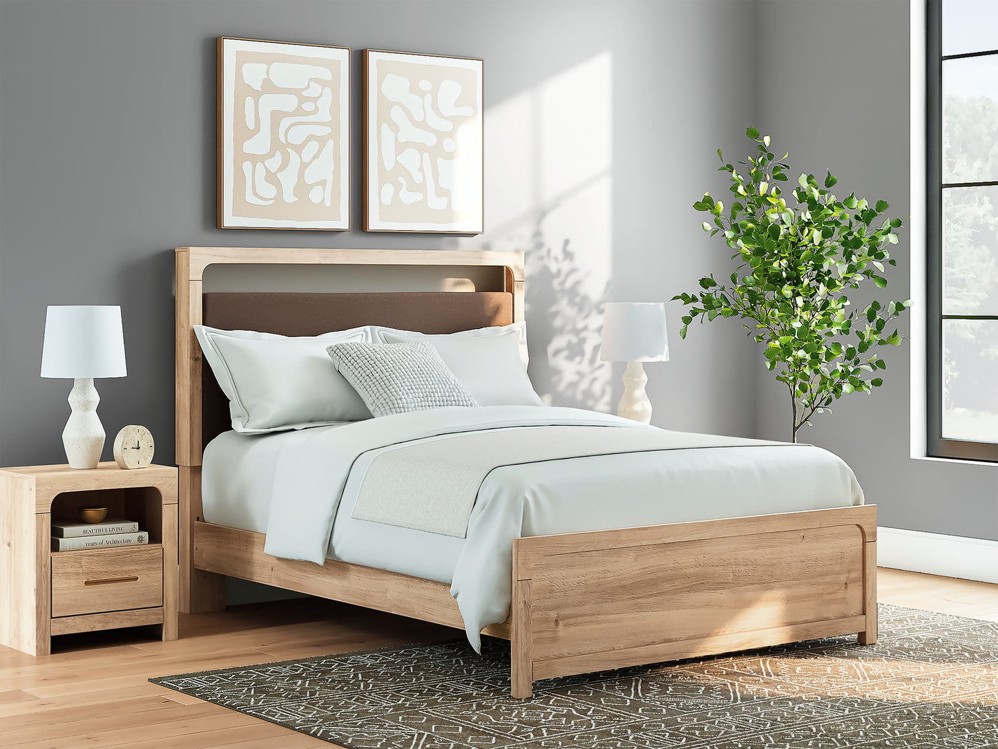 Kinlanni Queen Upholstered Platform Bed, Dresser, Mirror and Nightstand