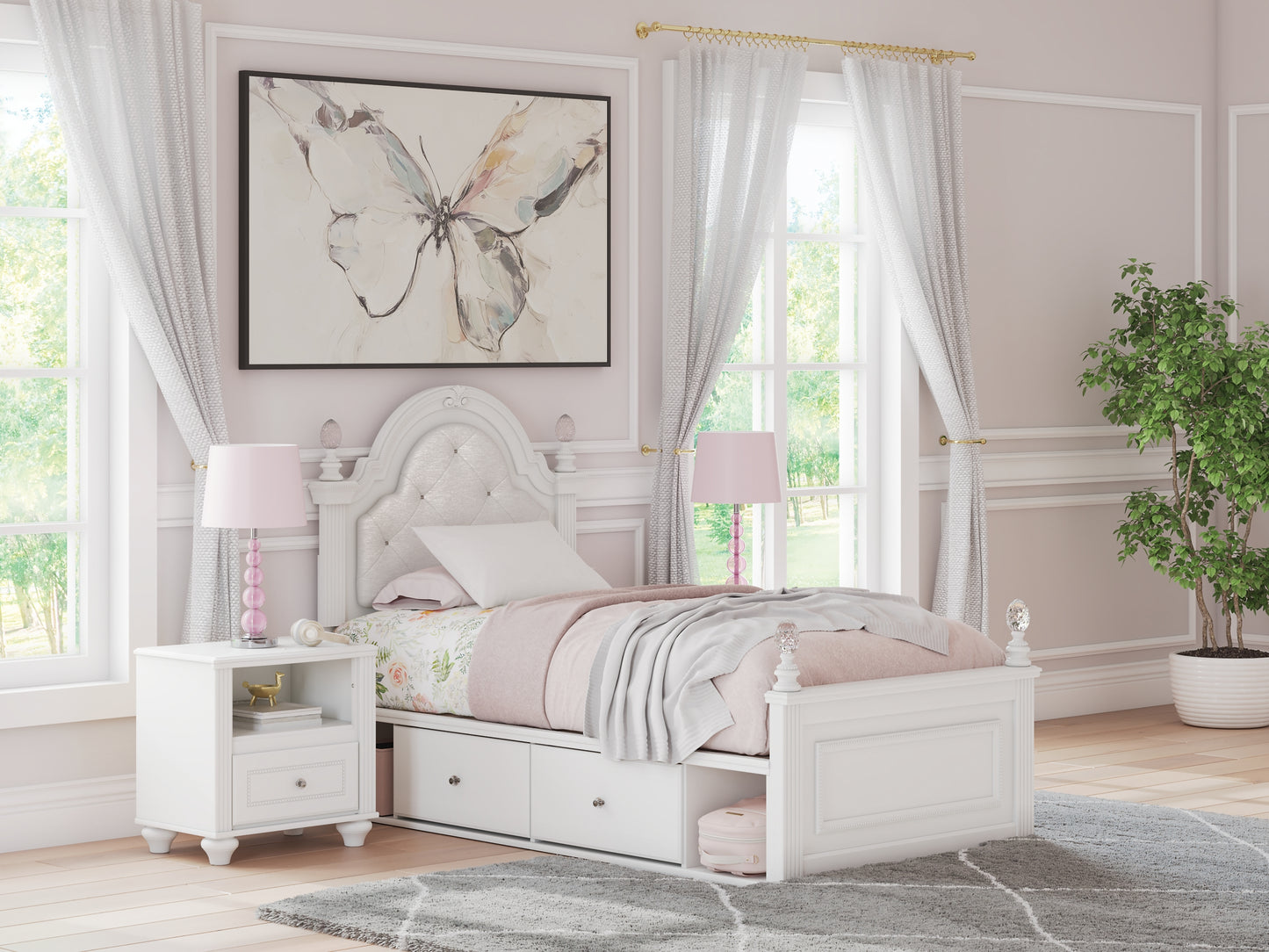 Kozlani Twin Upholstered Panel Storage Bed, Dresser and Mirror