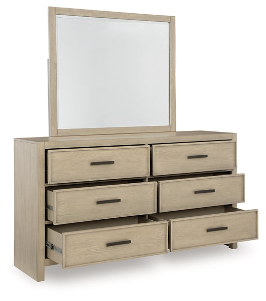 Calmoro King Bookcase Bed with Mirrored Dresser and Nightstand