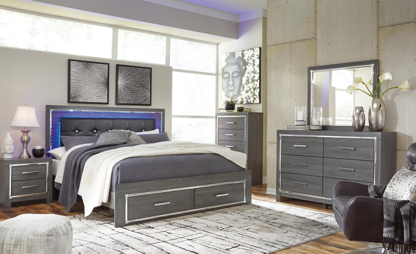 Lodanna King Panel Bed with 2 Storage Drawers, Dresser, Mirror, Chest and Nightstand