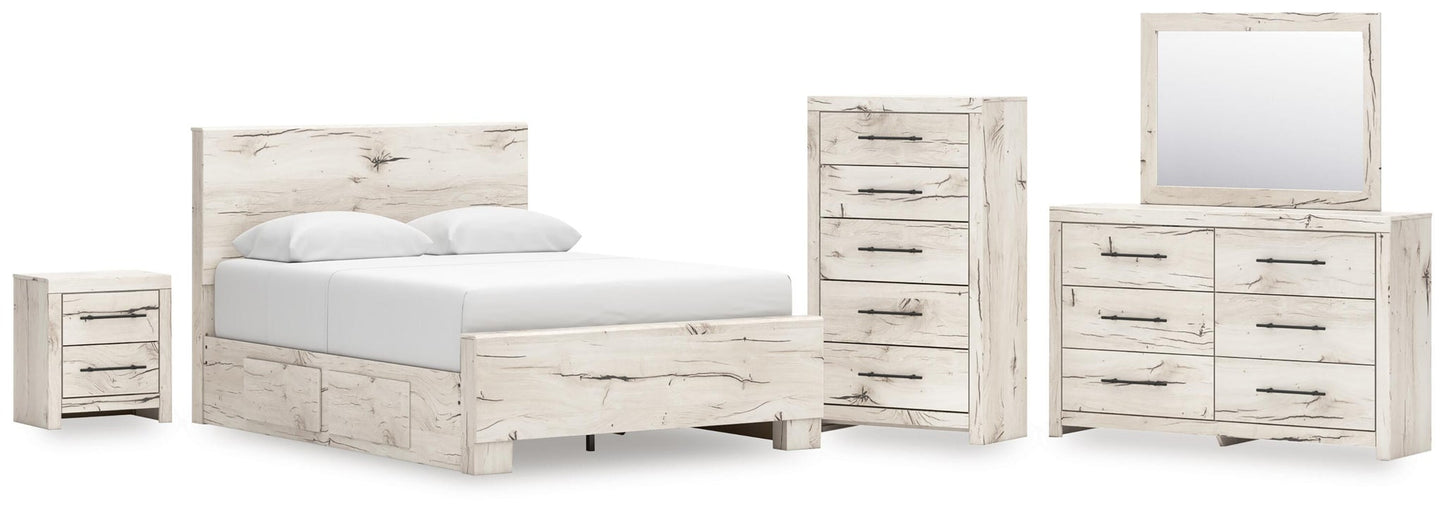 Lawroy Queen Panel Bed with Storage, Dresser, Mirror, Chest and Nightstand