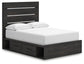 Delmorta Full Panel Bed with Storage, Dresser and Mirror