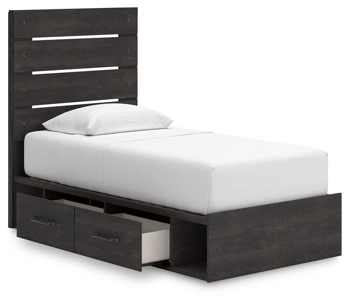 Delmorta Twin Panel Bed with Storage, Dresser, Mirror and Nightstand